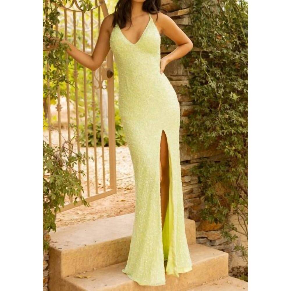 NEW PRIMAVERA deep v neck long sequin prom dress in apple green